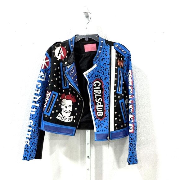Azalea Wang Jackets & Blazers - Azalea Wang Stud Moto Jacket Vegan Leather Blue World Panther Graphics - Size L